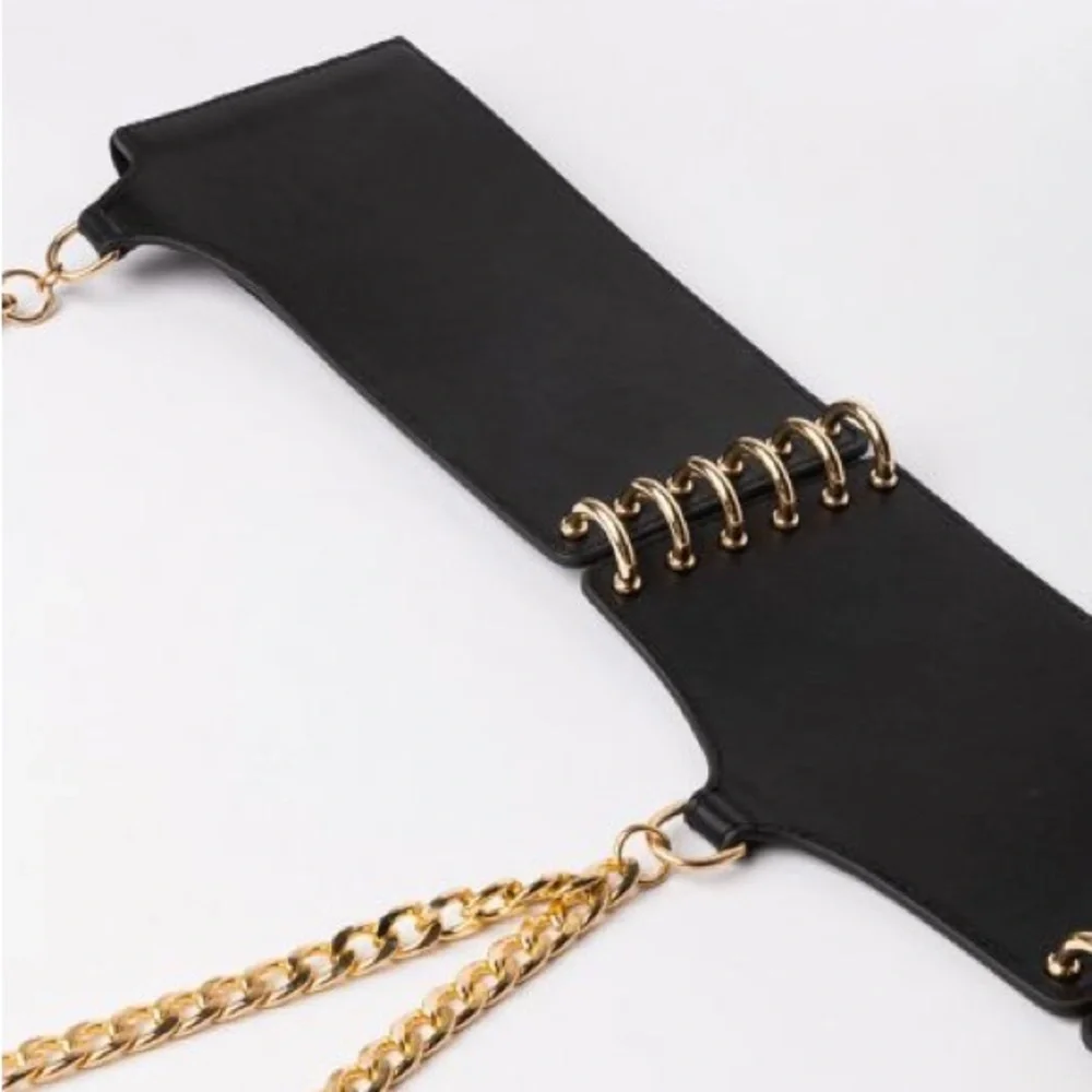 Black Leather & Gold Chain Corset Statement Belt